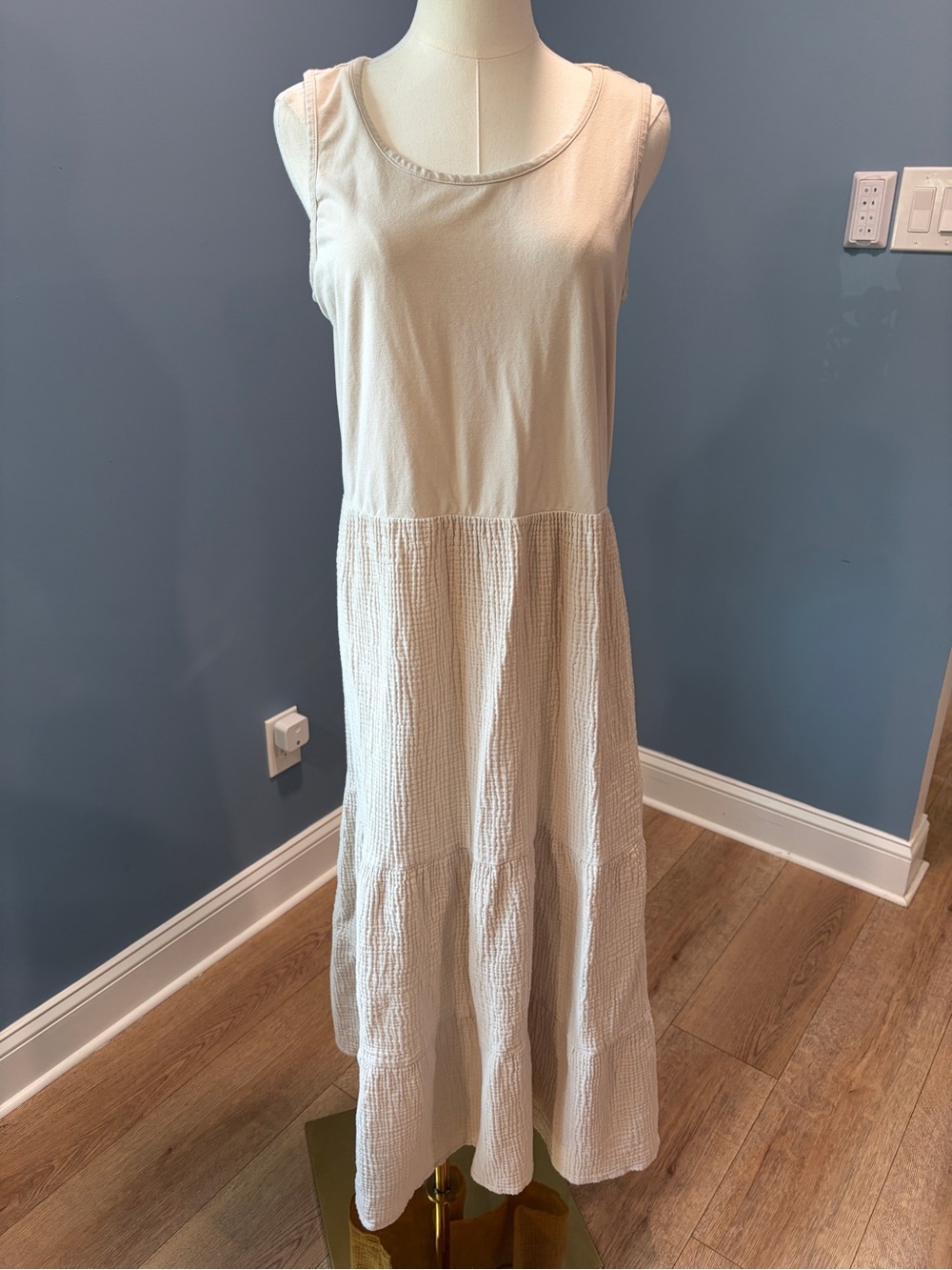 Belle Beach Cream Cotton Gauze Tiered Midi Maxi Dress Medium